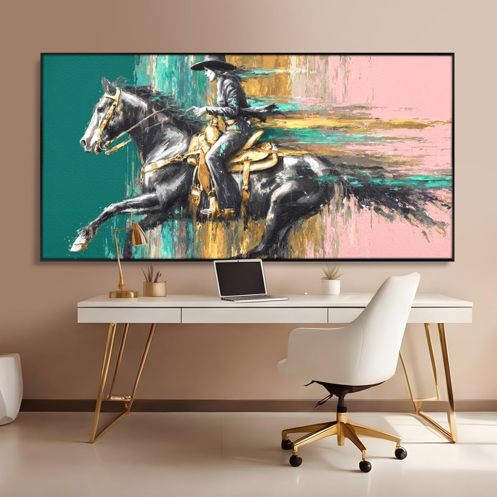 Tablou canvas cu pictura cu femeie calare pe armasar, in rama de aluminiu negru, pe perete intr-un birou